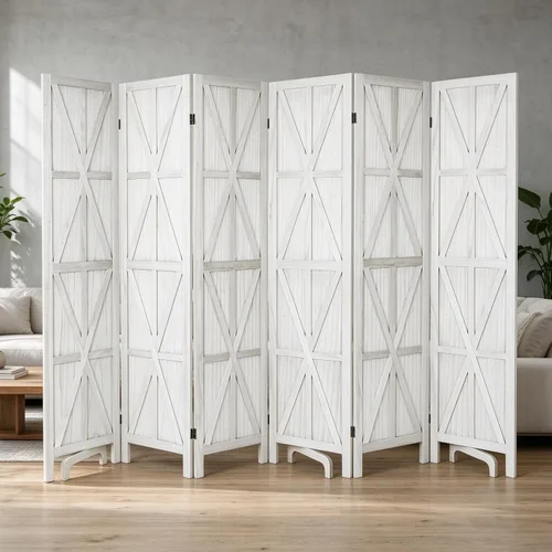 Vista 9 de 6 Panel Wooden Room Divider,67" Tall Folding Privacy Screen,Whitewashed Whitewashed 6 Panel