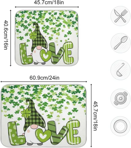Vista 3 de Tapete de secado de platos de gnomos del día de San Patricio para encimera de cocina, tréboles, tapete de secado de microfibra, absorbente
