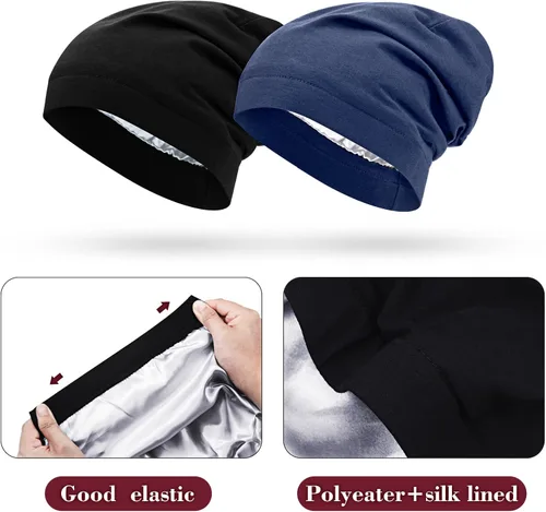 Vista 2 de 4 Pieces Satin Lined Beanie Cap Satin Sleep Lined Hat Slouchy Beanie Hat Night Silk Hair Cap for Women Men