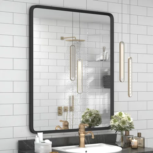 Vista 26 de Espejo rectangular con marco mate negro de 20x30 pulgadas para baño, espejo de tocador para pared de baño con esquinas redondeadas, antióxido y a