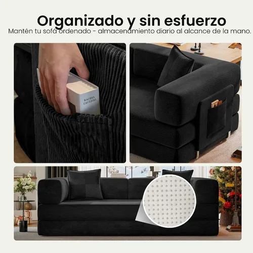 Vista 8 de Sofá cama tipo futón convertible de 78.8 pulgadas, sofá deshuesado Negro
