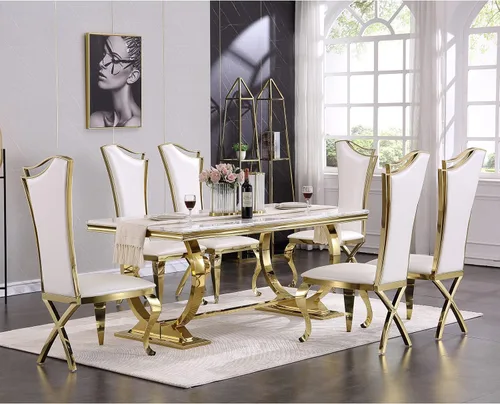 Vista 11 de ACEDÉCOR Juego de mesa de comedor de 5 piezas, mesa de comedor moderna con base en U de metal de acero inoxidable dorado, 4 sillas de comedor
