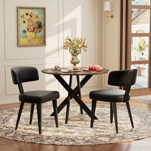 Vista 19 de Juego de mesa de comedor de madera para 2, mesa de cocina redonda de 36 pulgadas con 2 sillas de comedor Boucle, mesa de MDF con patas de metal