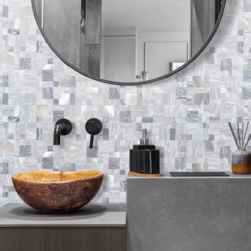 Vista 4 de DICOFUN 1 hoja de azulejo adhesivo de mármol gris para salpicaduras, azulejos de metal mixto con astillas plateadas para cocina y baño, adhesivo