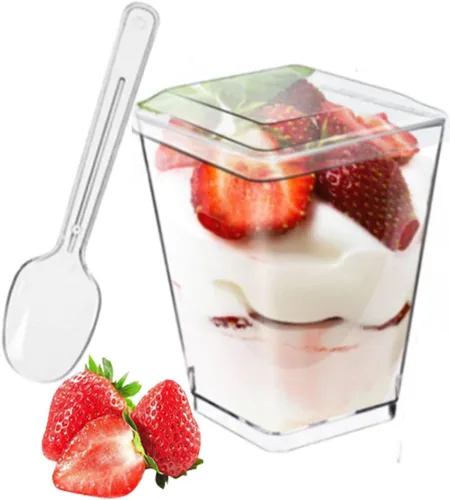 Vista 5 de Mistari Paquete de 50 vasos de postre de plástico transparente con tapas y cucharas, mini tazas de parfait y tazas de pudín para tarta de queso