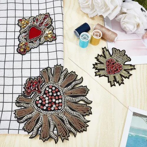 Vista 5 de INFUNLY Parches de lentejuelas con cuentas, 3 parches geniales para chaquetas, parches de corazón de diamantes de imitación, parches para coser