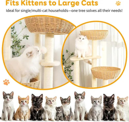 Vista 2 de 52-Inch Cat Tree Tower for Large Cats with Woven Basket Beds Three woven beds, multi-level platforms and sisal posts provide climbing, scratching