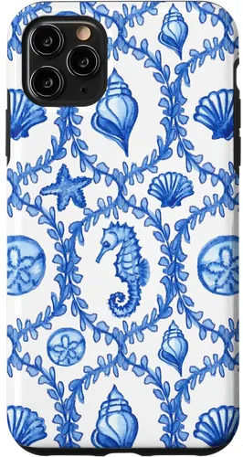 Vista 13 de iPhone 16 Coastal Granddaughter Blue Shells Starfish Seahorse Preppy Case