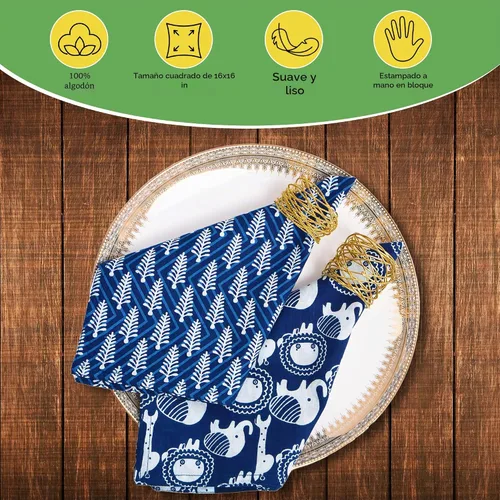 Vista 4 de DIYANAIMPEX 10 piezas de servilletas de tela de algodón con estampado de bloque manual hecho a mano Tamaño 16x16 pulgadas Servilletas impresas