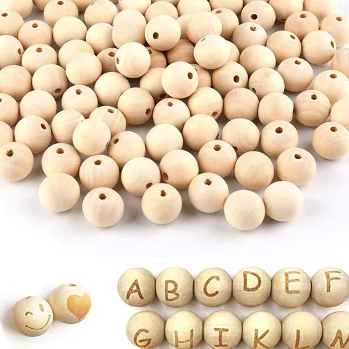 Vista 8 de 600 cuentas de madera natural de 0.472 in, cuentas de madera redondas sin terminar para manualidades, guirnaldas, decoración de vacaciones, joyería