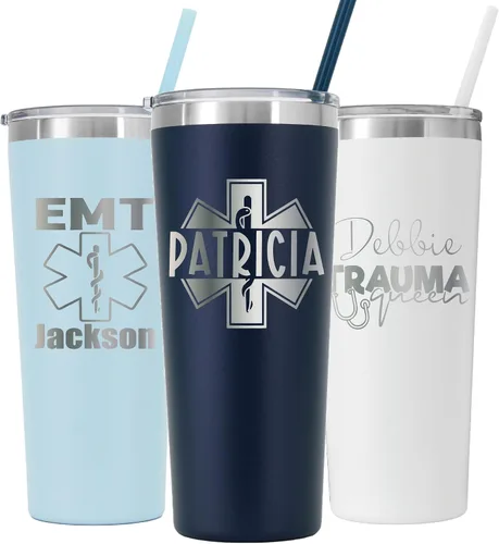 Vista 2 de AVITO Vaso EMT personalizado de 22 onzas, acero inoxidable, incluye popote y tapa, grabado con láser, regalo personalizado para EMT, regalos EMT
