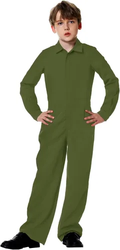 Vista 5 de AOBUTE Mono de color sólido para niños con bolsillos de 3-14 años Verde militar