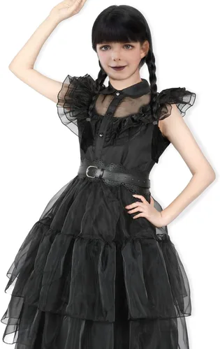 Vista 5 de Wednesday Addams - Vestido de malla para disfraz de Merlina, Adams, vestido de baile familiar, cumpleaños, Halloween, cosplay, traje para niños