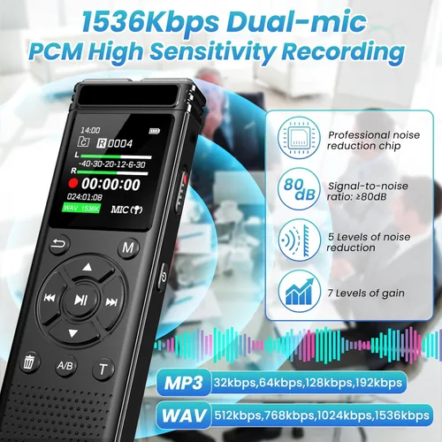 Vista 2 de Grabadora de voz digital de 136 GB con reproducción, dispositivo de grabación de audio de 9000 horas, grabadora activada por voz con reducción
