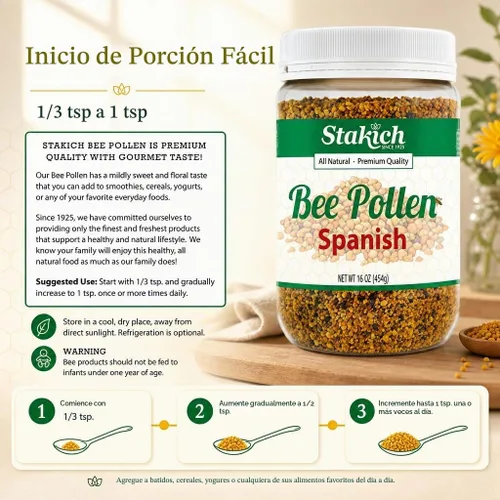 Vista 8 de Stakich Gránulos de polen de abeja español, puros, naturales, sin procesar, 1 libra (16 onzas)