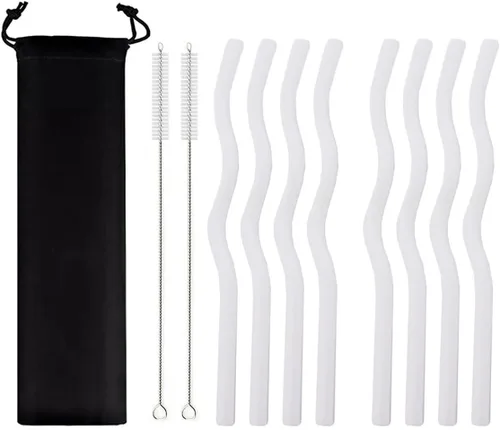 Vista 17 de JASHII Pajitas de vidrio ondulado negro – 8 piezas, 7.87 x 0.31 pulgadas, reutilizables con bolsa negra, multicolor para beber bebidas