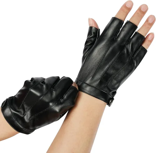 Vista 3 de Guantes de piel sintética sin dedos, guantes deportivos de medio dedo para deportes al aire libre, guantes punk de motociclista negros para mujeres