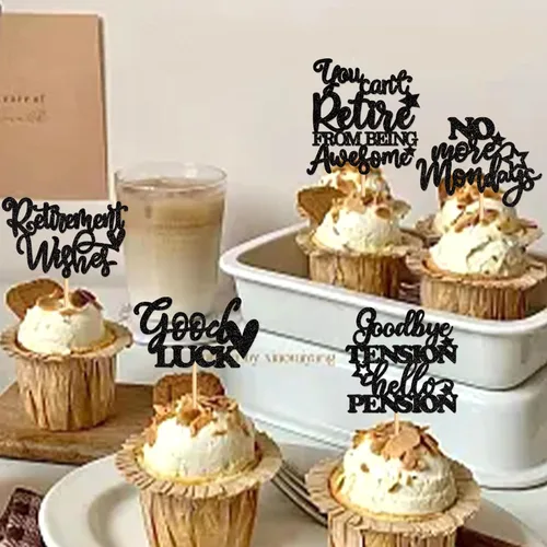 Vista 3 de 25 piezas de adornos negros con purpurina para cupcakes de buena suerte, no más lunes, deseos de jubilación, despedidas, tensión, hola, pensión