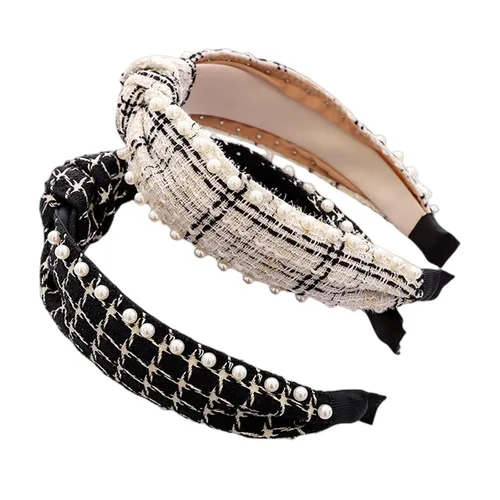 Vista 3 de 2 diademas elegantes con cuentas para mujer, diadema de perlas anudadas en blanco y negro para niñas