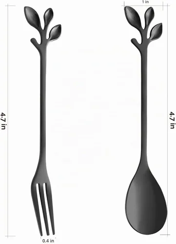 Vista 2 de AnSaw Juego de 10 mini cucharas y tenedores negros de 4.7 pulgadas, acero inoxidable, mango de hoja, ideal para café, té, aperitivos, degustaciones