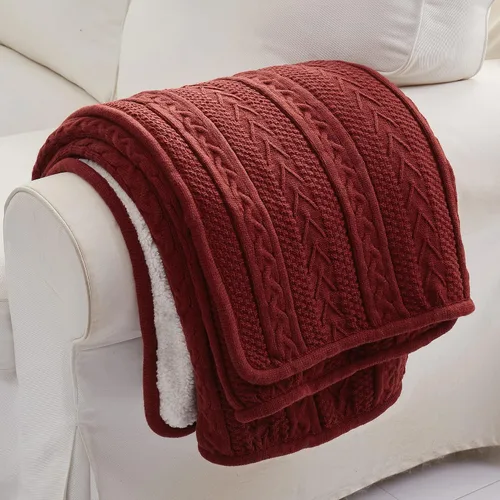 Vista 5 de Longhui bedding - Manta de punto trenzado de acrílico sherpa, gruesa, suave, grande, acogedora, manta de vellón tejida de color rojo vino para sofá