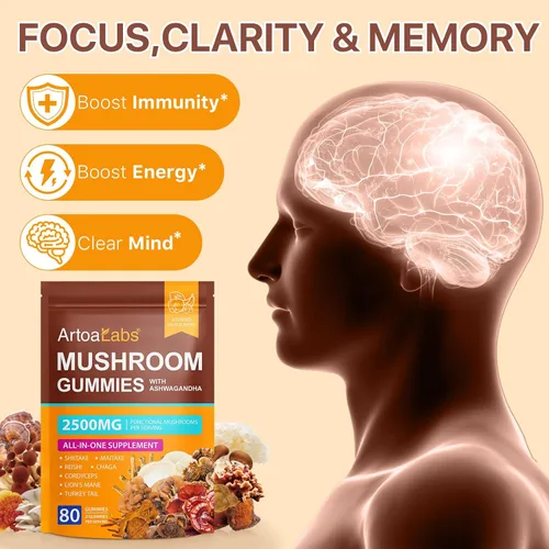 Vista 3 de Gomitas de hongos de 2500 mg - Suplemento de hongos con Reishi, Cordyceps, melena de león, apoyo inmunológico, enfoque, memoria, energía, cápsulas