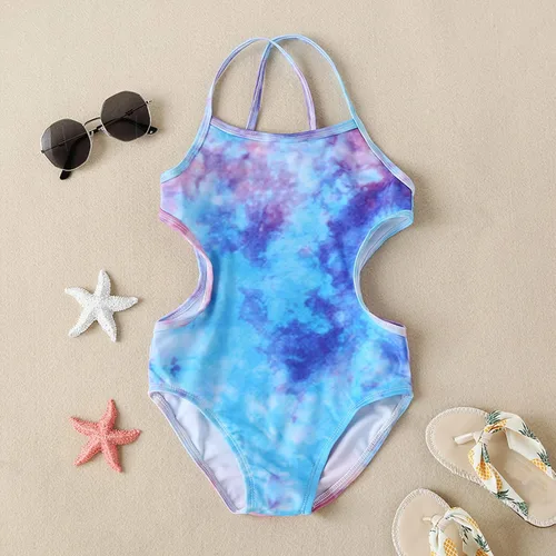 Vista 5 de Bolsa de traje de baño de verano para niñas pequeñas, sin mangas, colorido, teñido anudado, estilo festivo, traje de baño bikini (azul, 6-7 años)