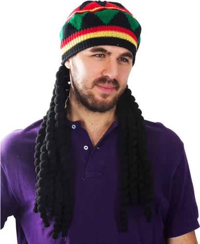 Vista 3 de Funny Party Hats Sombrero de rasta con bloqueo de temor como pelo largo negro - Peluca Rasta con gorro accesorio de disfraz