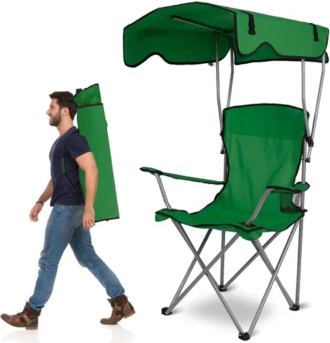Vista 9 de TeqHome Silla de campamento con toldo de sombra, silla de césped plegable resistente con soporte para tazas, protección solar UPF 50+, silla