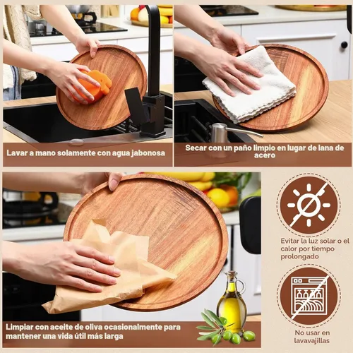 Vista 4 de Rtteri 12 piezas de platos de madera de acacia redondos para cena, vajilla de madera, bandeja de servir, fácil de limpiar, ligera, irrompible, plato