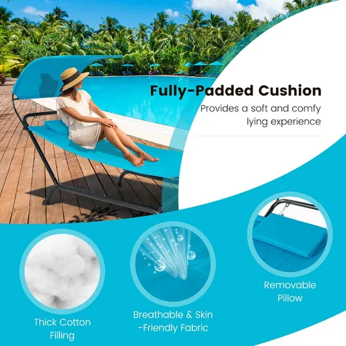 Vista 4 de Tangkula Hamaca con soporte incluido, hamaca resistente para exteriores con toldo ajustable, soporte de metal a prueba de óxido, almohada, bolsillo