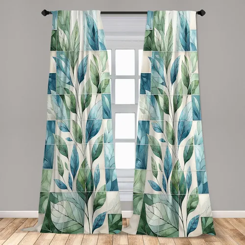 Vista 3 de Ambesonne Paquete de 2 cortinas para ventana con estampado de hojas, arte botánico con hojas, mosaico, detalles cuadrados cúbicos, naturaleza