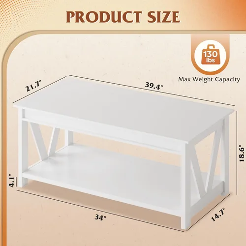 Vista 3 de WLIVE - Mesa de café con estante de almacenamiento, mesa de café granja de 39.4" con soporte en V, mesa de centro rústica de 2 niveles para sala