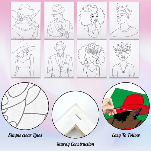 Vista 4 de Paquete de 8 lienzos predibujados para pintar para adultos, suministros para fiestas de pintar y beber, juego de pintura en lienzo para artistas