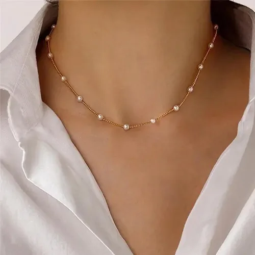 Vista 2 de Ieftop Collares de perlas para mujer, chapado en oro de 14 quilates, hecho a mano, delicado collar de cadena de perlas de agua dulce, collar