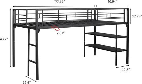 Vista 2 de Cama baja de metal individual con estantes de almacenamiento y escalera, litera flotante para niños, ahorro de espacio, no necesita somier, fácil
