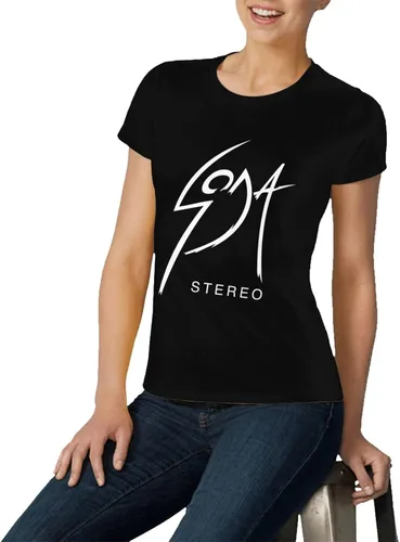 Vista 2 de Soda Music and Stereo - Camiseta de manga corta para mujer, diseño de cuello redondo, estampado casual, color negro