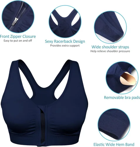 Vista 9 de Brasier deportivo con cierre frontal para mujer, posoperatorio, sin alambres, para yoga