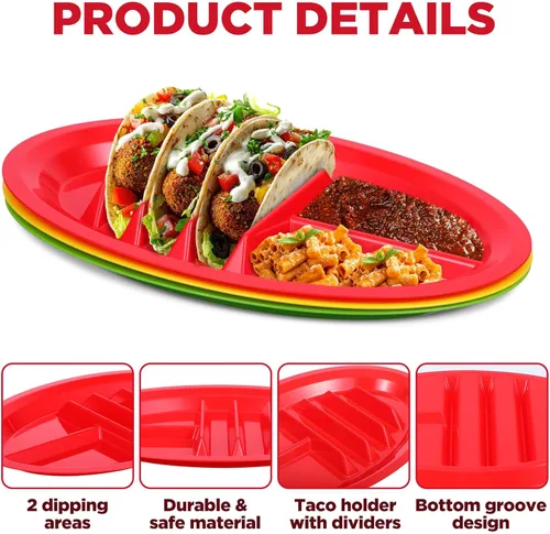 Vista 3 de Paquete de 12 platos coloridos de plástico para tacos, soporte reutilizable para tacos con divisores para 3 tacos y 2 áreas de inmersión, sin BPA