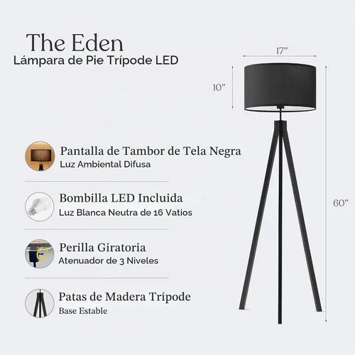 Vista 3 de Brightech Eden - Lámpara de pie LED con trípode, luz moderna regulable de mediados de siglo para salas de estar contemporáneas, lámpara de pie alta