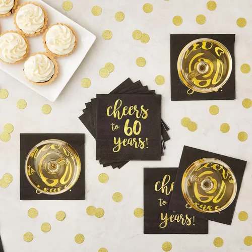 Vista 2 de BLUE PANDA Servilletas de cóctel con texto en inglés «Cheers to 60 Years» – Servilletas de fiesta de 60 cumpleaños – Decoración de 60 aniversario