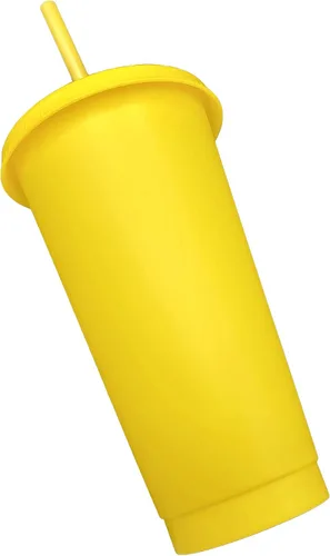 Vista 3 de Vaso frío de plástico reutilizable de 24 onzas con popote y tapa, paquete de 4 unidades (amarillo)