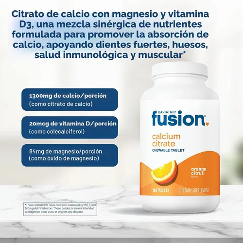 Vista 5 de Citrato de calcio de fusión bariátrica con vitamina D y magnesio, 124 tabletas masticables