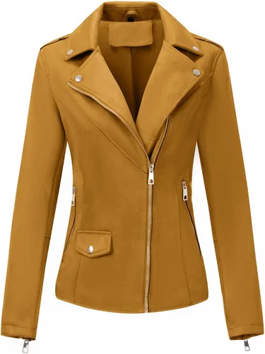 Vista 3 de Bellivera Chaqueta corta de piel sintética para mujer, con solapas, abrigo de gamuza para otoño, moda con microelástico