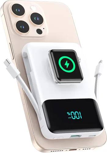 Vista 9 de Cargador portátil magnético para iPhone con cable incorporado, banco de energía inalámbrico de 10800mAh para Magsafe, esencial de viaje, paquete