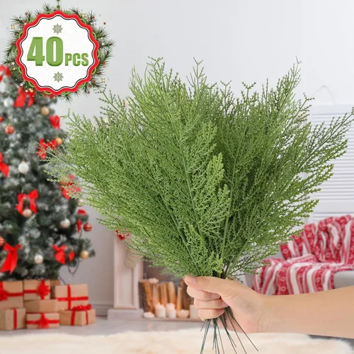 Vista 3 de Hananona Ramas de Pino Artificiales, 40 Piezas Tallos de Cedro Sintético de Navidad, Ramas de Cedro Sintético Artificiales, Selecciones de Pino