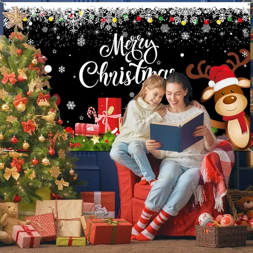 Vista 7 de Irenare Pancarta de Navidad telón de fondo de Papá Noel, reno y Feliz Navidad, cartel interior para Navidad, fiesta de vacaciones, cabina de fotos