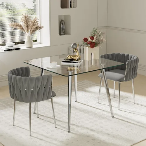 Vista 13 de Juego de mesa de comedor de cristal plateado para 2, juego de mesa cuadrada de lujo moderno de 36 pulgadas, juego de mesa de cocina minimalista de 3