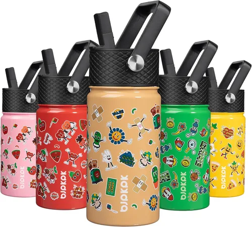 Vista 26 de BJPKPK Botella de agua con tapa con pajilla, botella de agua aislada de 15 onzas, botellas de agua de metal de acero inoxidable, termo reutilizable
