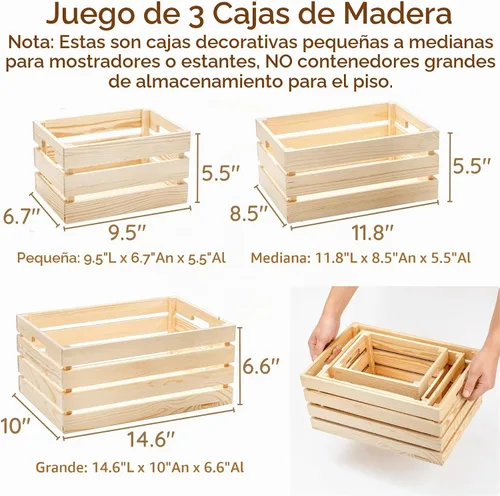 Vista 2 de Youeon Juego de 3 cajas de madera rústica con asas, cajas de madera decorativas, caja de almacenamiento de madera para cocina, oficina, dormitorio